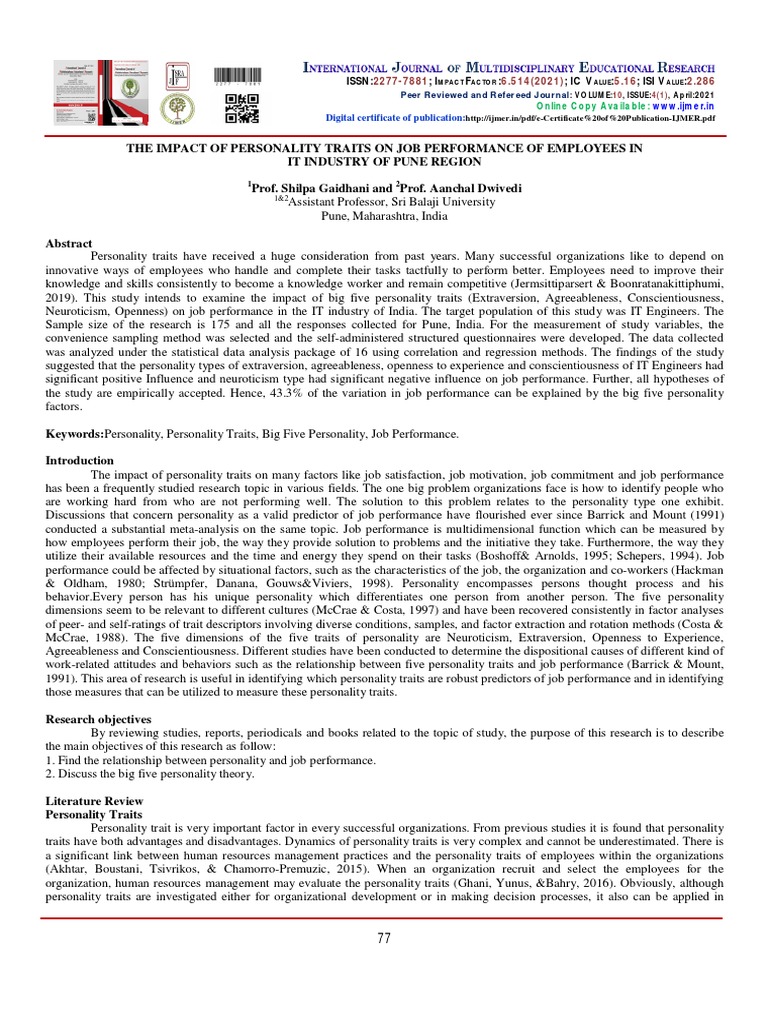Personality Traits Impact on Job Performance | PDF
