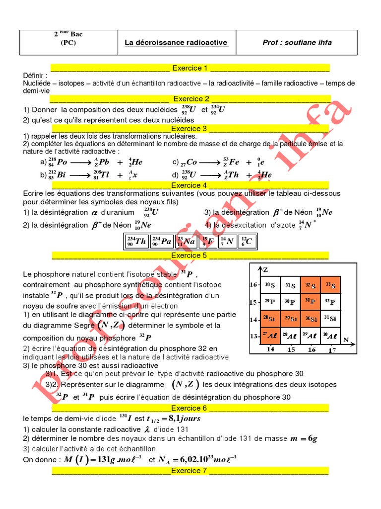 Exercices sur la radioactivité et décroissance | PDF | Radioactivité ...