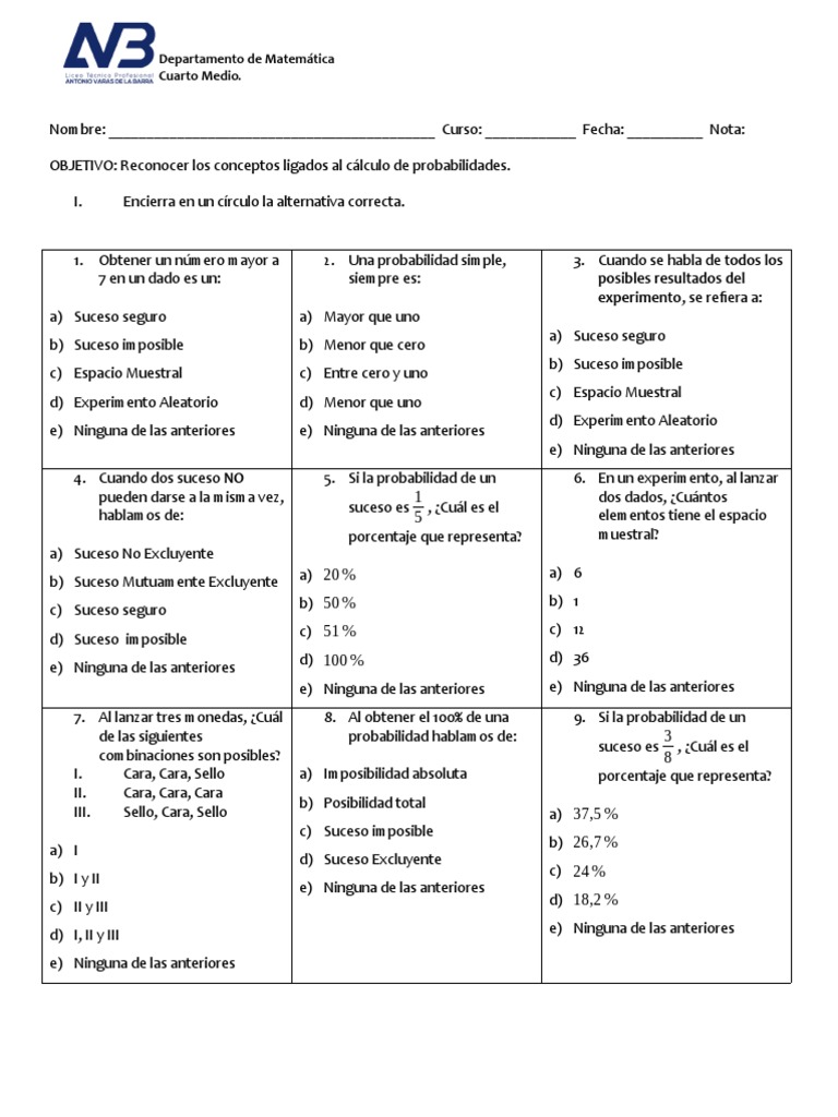 Prueba de Logro Cuarto Medio | PDF | Probabilidad | Science