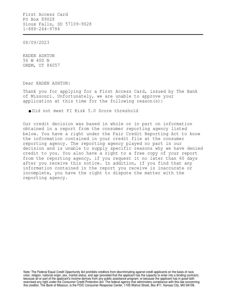 First Access Card Application Denial Notice | PDF | Credit | Finance ...
