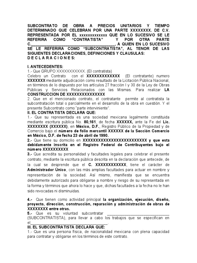 Subcontrato de Obra a Precios Unitarios | PDF