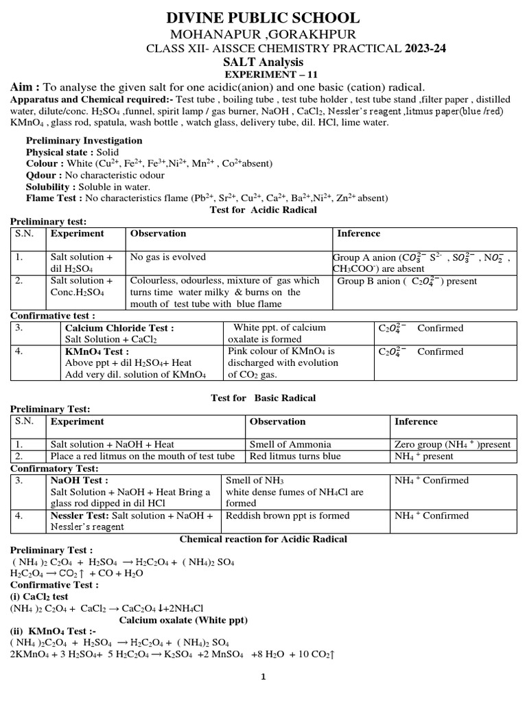 Salt Analysis for AISSCE Chemistry | PDF
