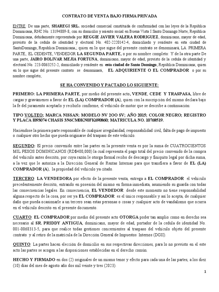Contrato de Venta Nissan Nv200 PDF