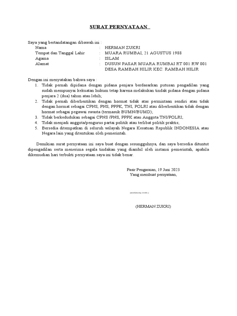 Contoh Surat Pernyataan PPPK 2021 | PDF