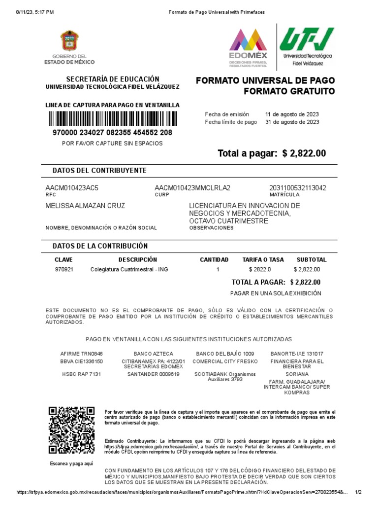 Formato de Pago Universitario BBVA | PDF | Servicios financieros | Bancario