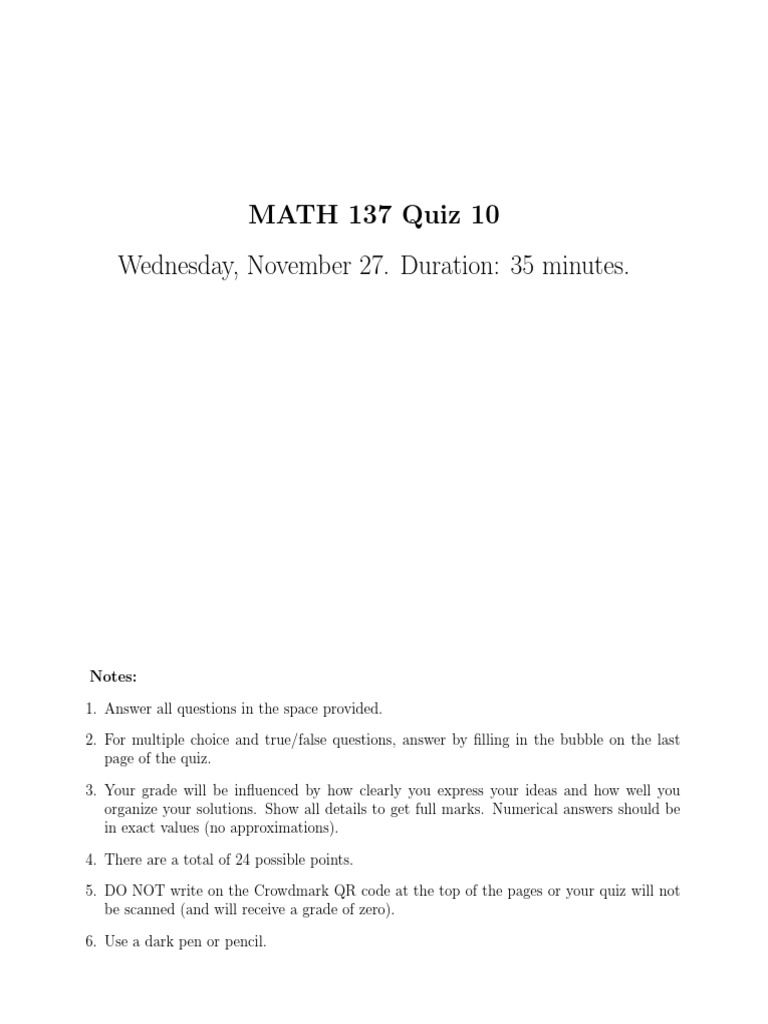 MATH 137 Quiz 10 Instructions and Questions | PDF