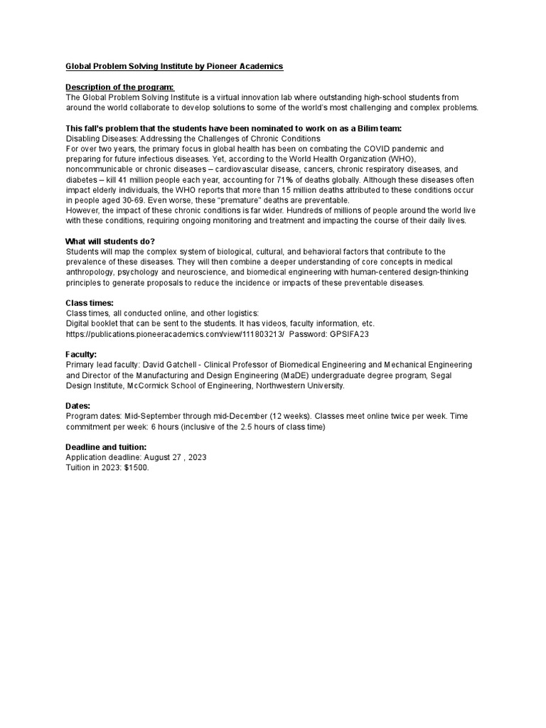 Global Problem Solving Institute Overview | PDF | Self-Improvement
