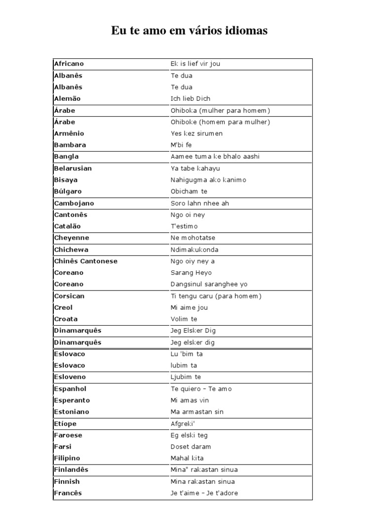 Eu Te Amo em Vários Idiomas | PDF | Relações sintáticas | Ásia