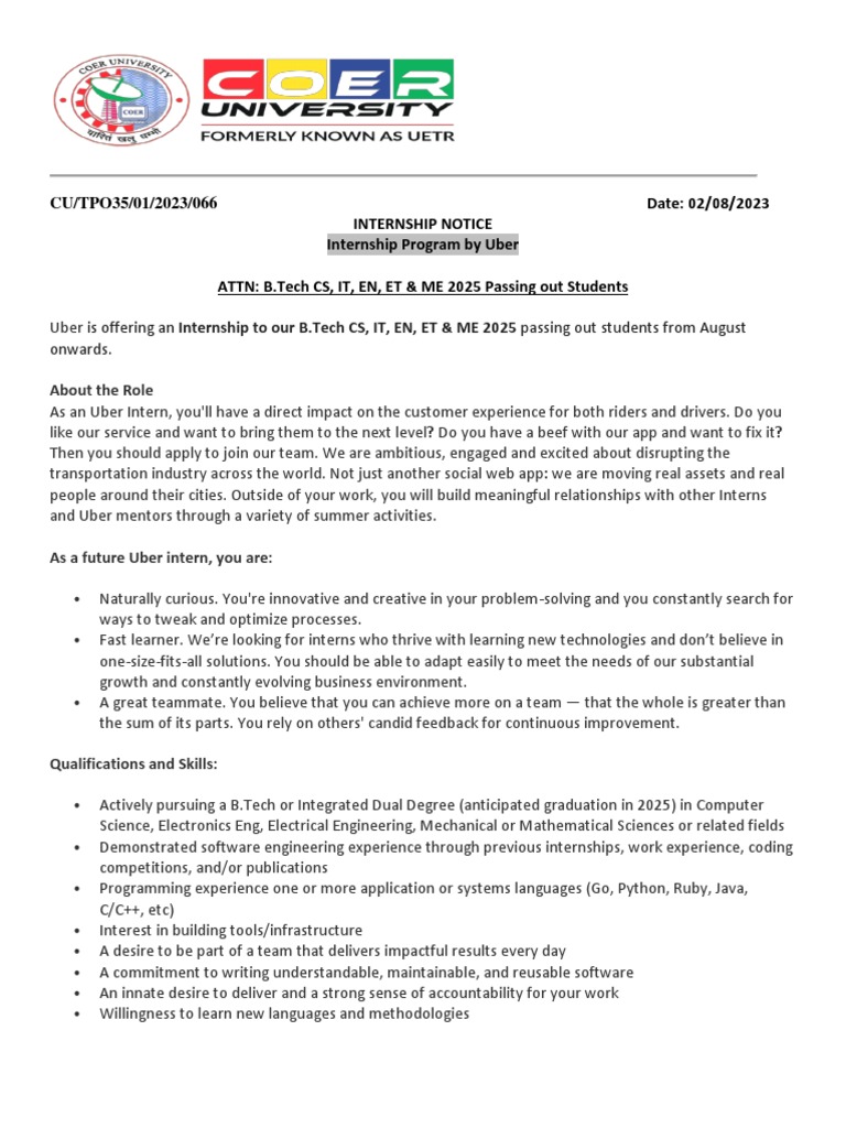 Uber Internship Opportunity for 2025 Grads | PDF | Career & Growth ...