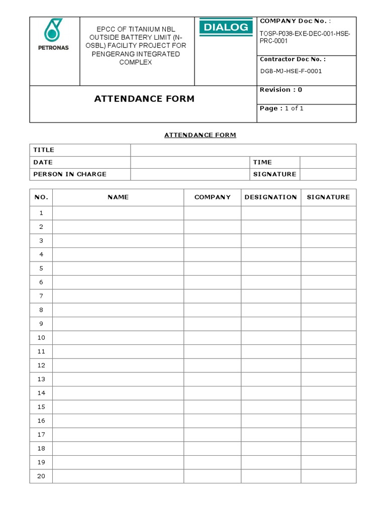 DGB-MJ-HSE-F-0001-Attendance Form (PETRONAS) | PDF