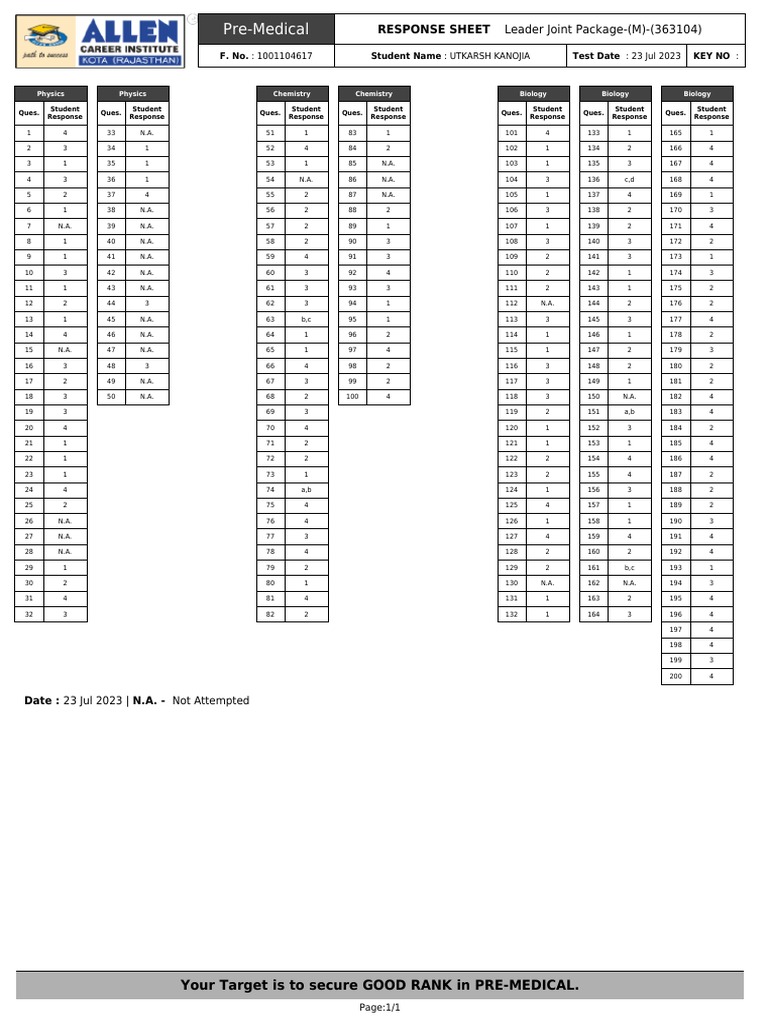 Pre-Medical Student Response Sheet | PDF | Undergraduate Education ...