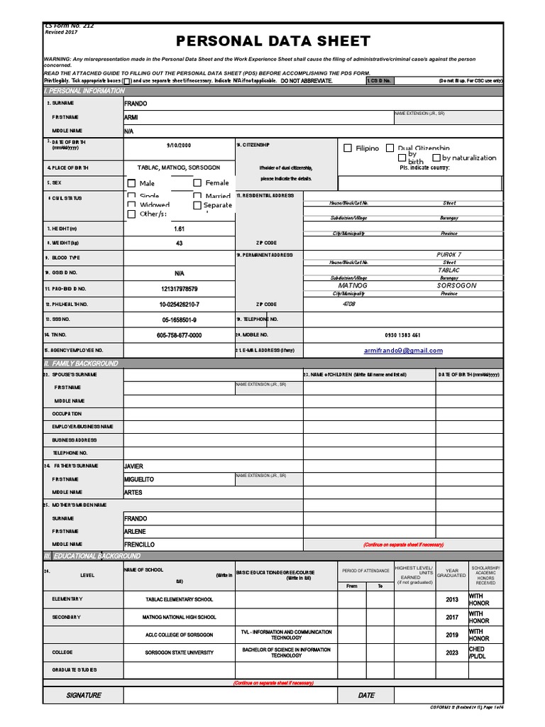 CS Form No. 212 Personal Data Sheet Revised PDF