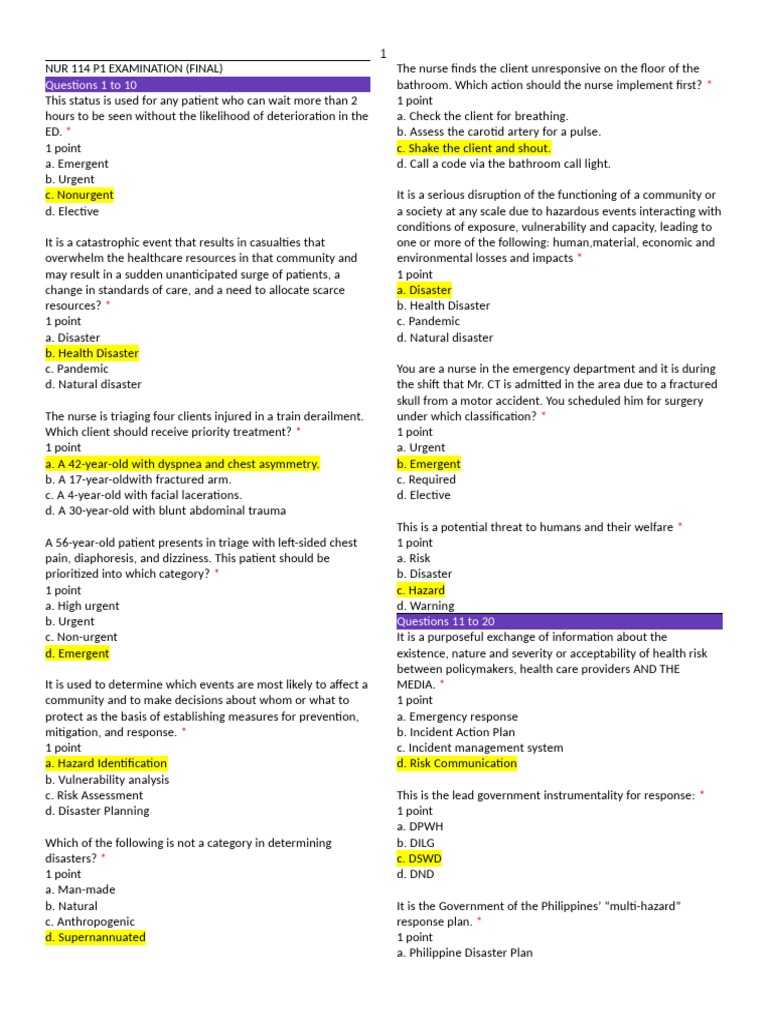 NUR 114 Disaster Nursing Final Exam | PDF | Injury | Emergency Department