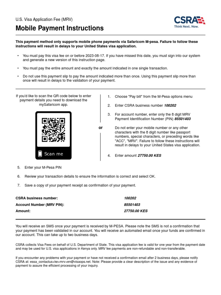 U.S. Visa Fee Payment via M-Pesa Guide | PDF