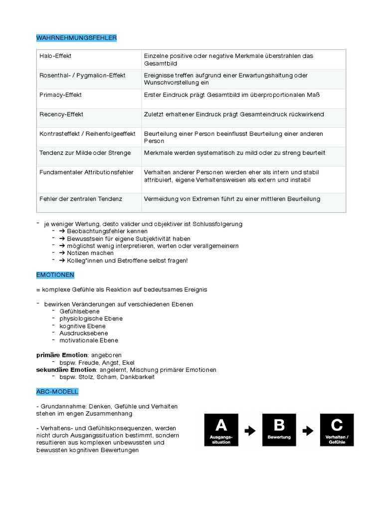 Wahrnehmungsfehler, Emotionen, ABC-Modell - Handout | PDF