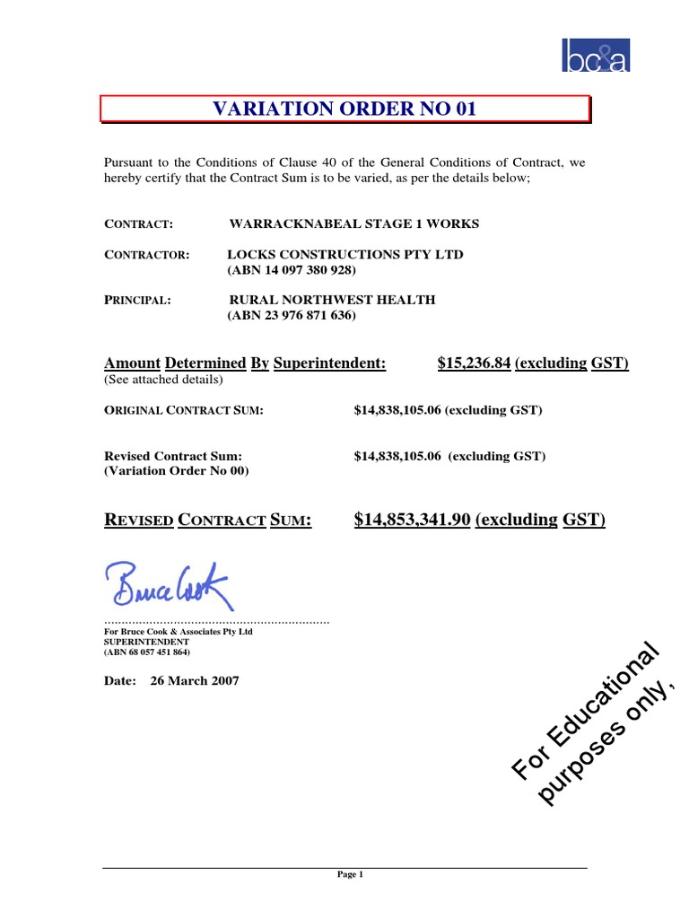 Warracknabeal Stage 1 Variation Order 1 | PDF | Private Law | Business Law