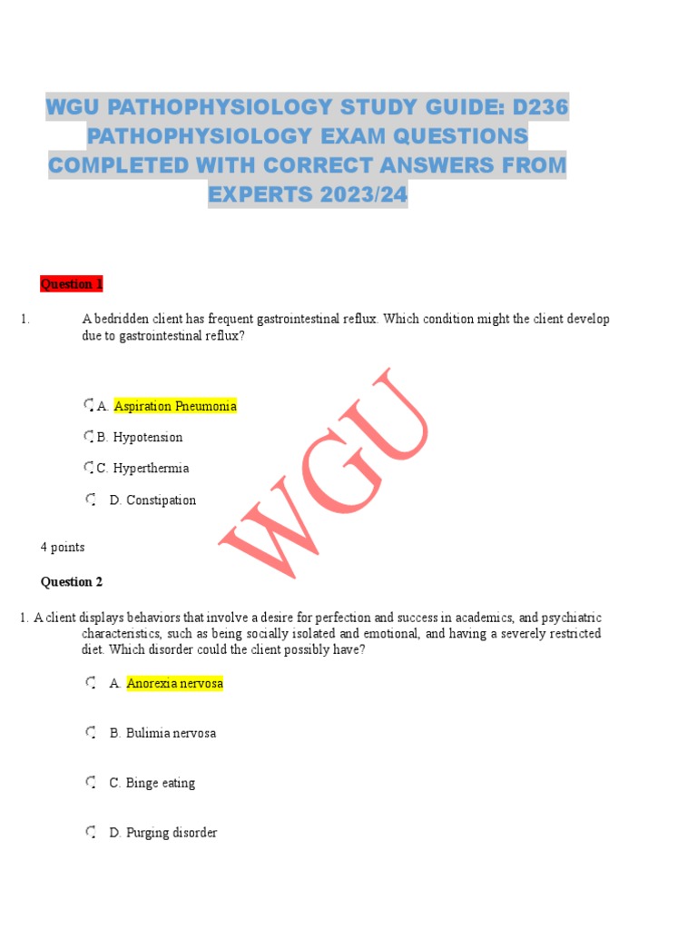 Wgu Pathophysiology Study Guide d236 Pathophysiology Exam Questions