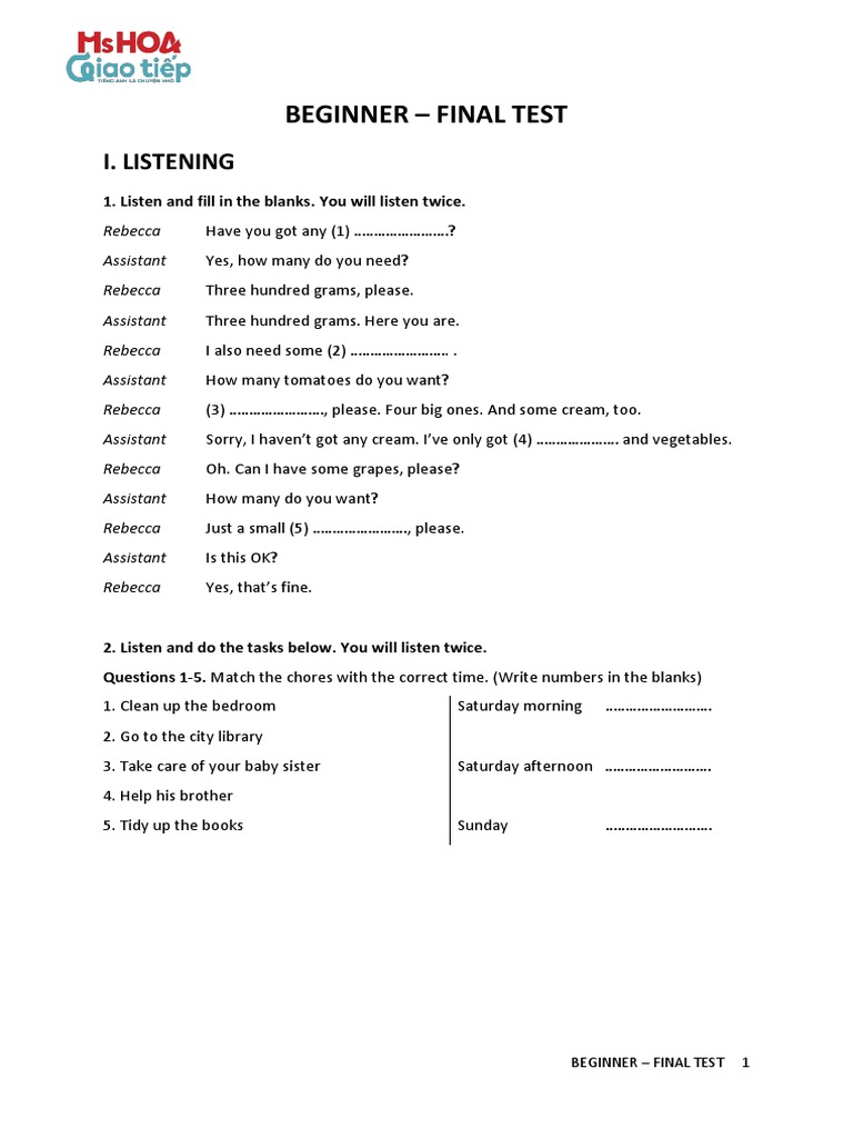 Beginner English Final Test Guide | PDF