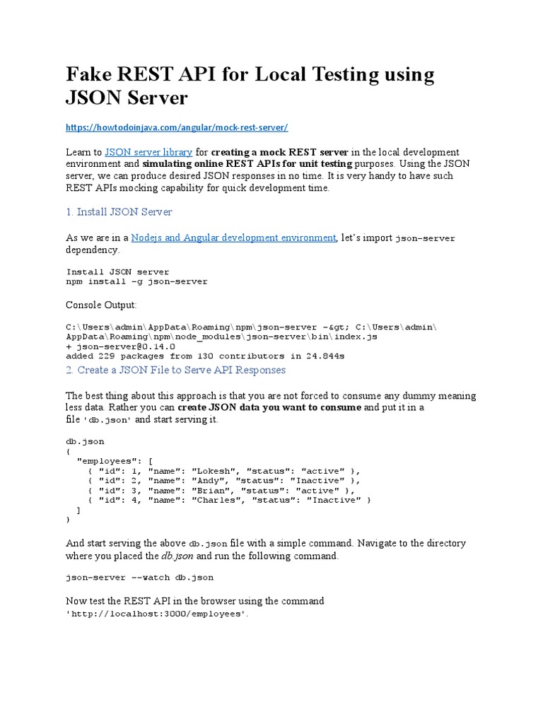 Fake REST API For Local Testing Using JSON Server | PDF