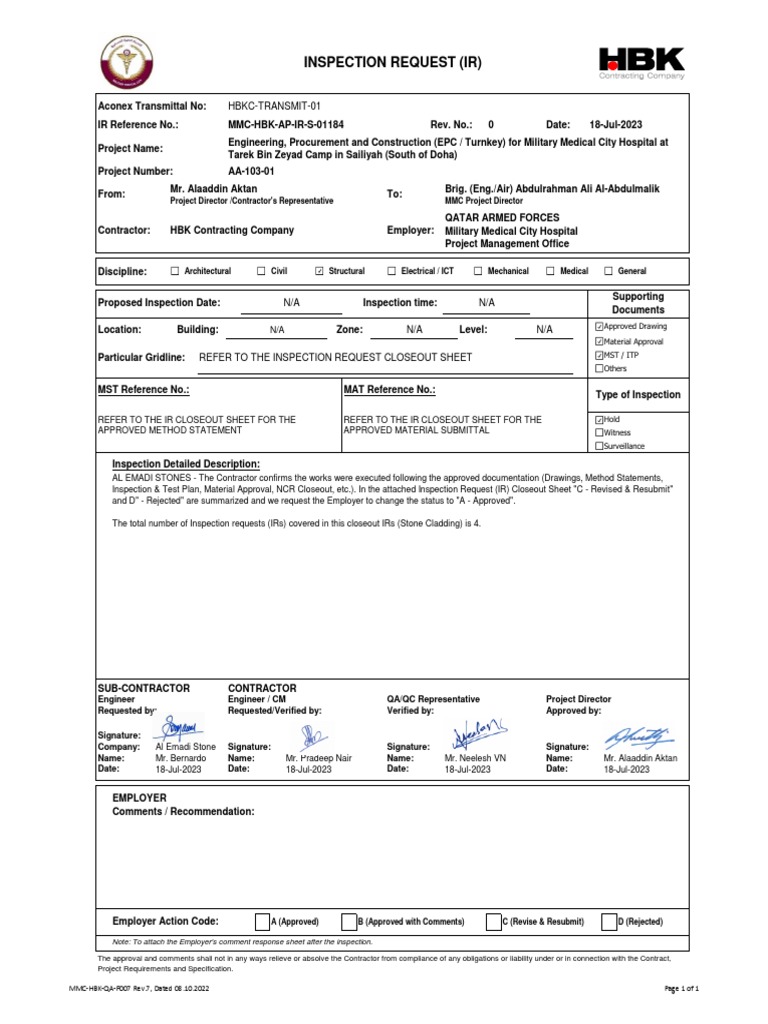 Inspection Request For Stone Cladding PDF