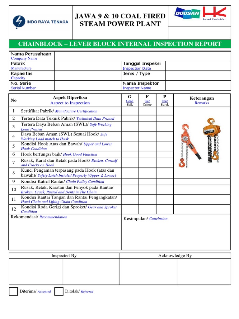 Chain Block Lever Block Internal Inspection Checklist PDF