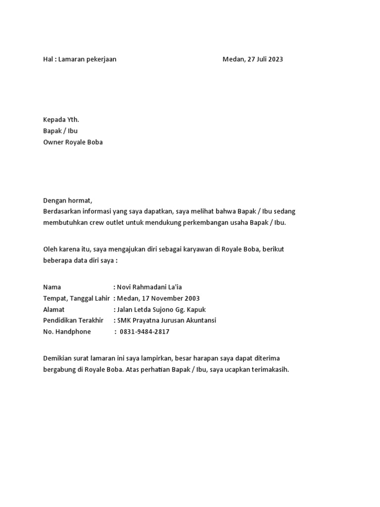 Surat Lamaran Kerja-WPS Office | PDF