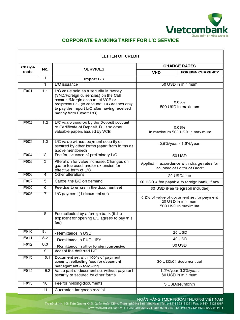 Corporate Banking L/C Service Fees | PDF | United States Dollar | Value  Added Tax