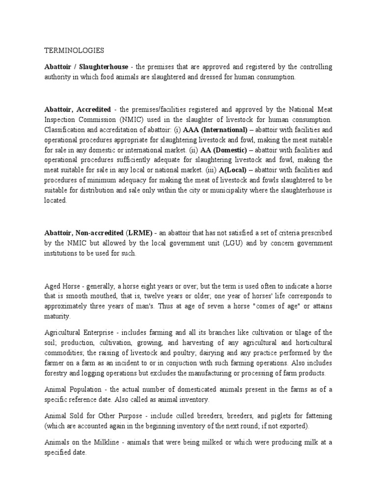Animal Science Terminologies PDF Cattle Slaughterhouse