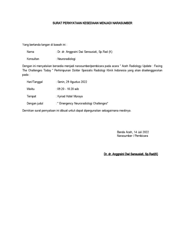 Surat Pernyataan Kesediaan Menjadi Narasumber | PDF