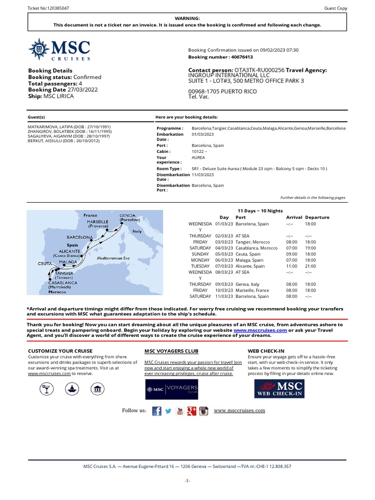 MSC Lirica Booking Confirmation 2023 | PDF | Restaurants | Insurance