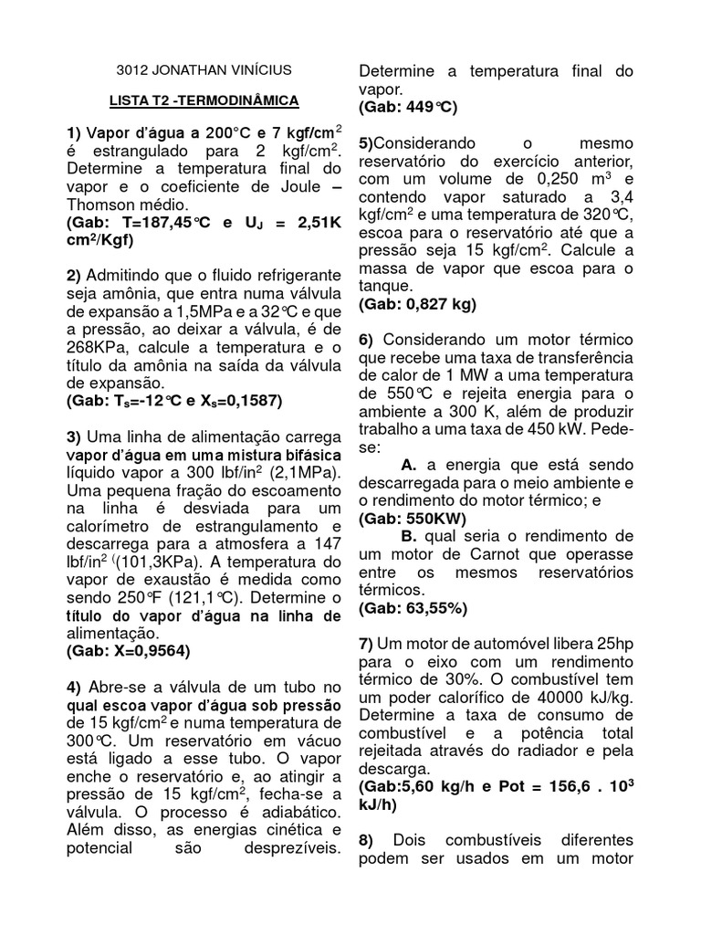 Exercícios de Termodinâmica e Calor | PDF | Termodinâmica | Calor
