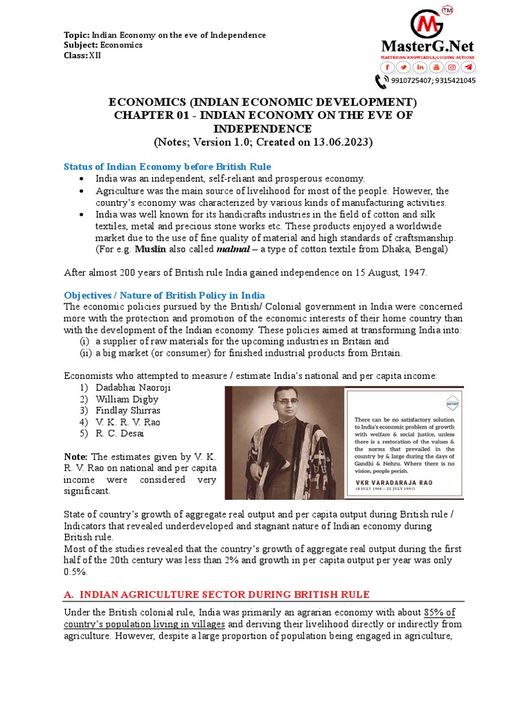 Indian Economy On The Eve Of Independence Notes Version 1 0 Pdf