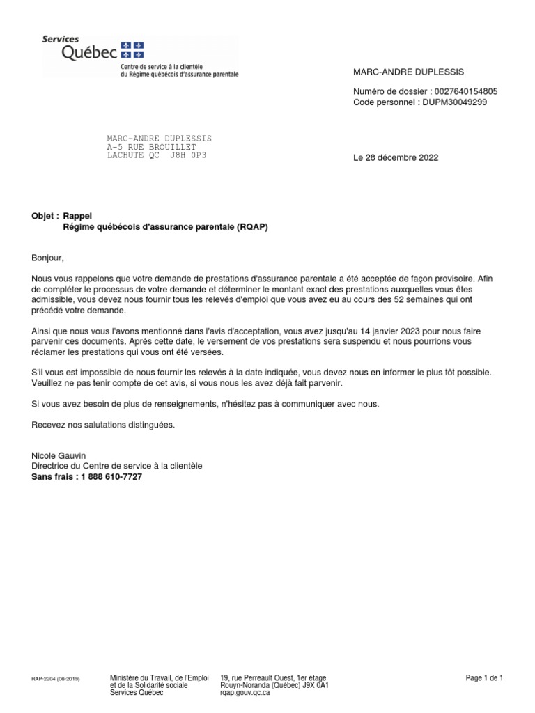 Rappel : Documents requis pour le RQAP | PDF