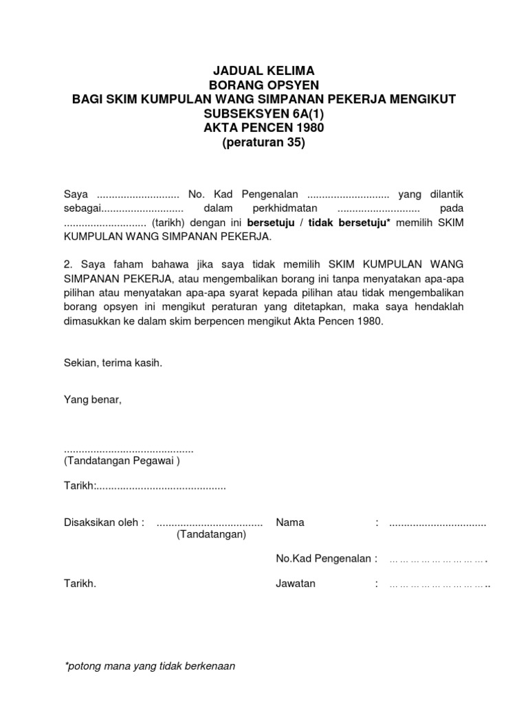 Jadual Kelima Borang Opsyen Skim Kwsp