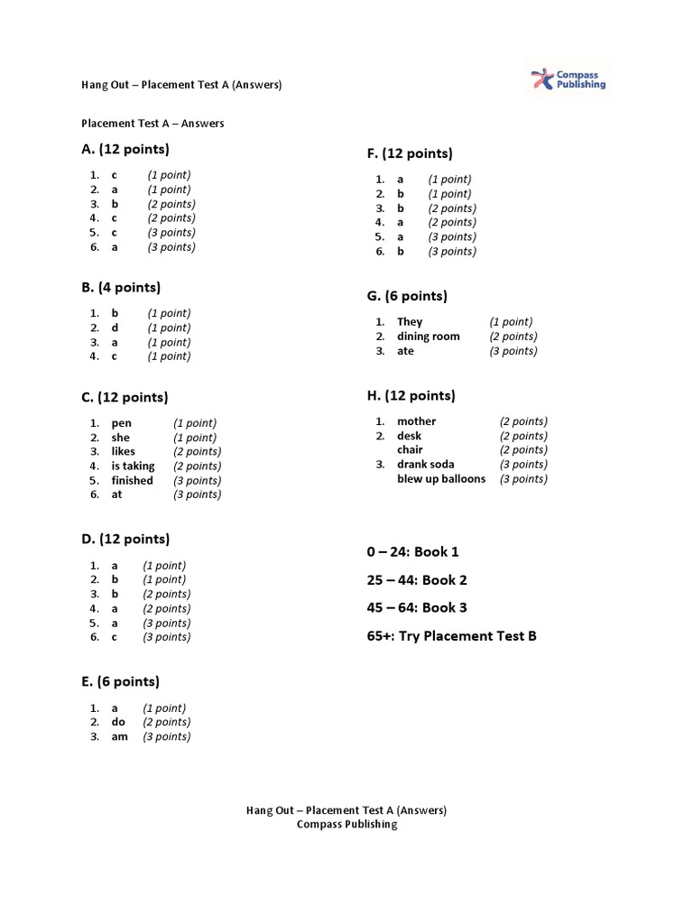 Hang Out Placement Test A Answers | PDF | Teaching Methods & Materials