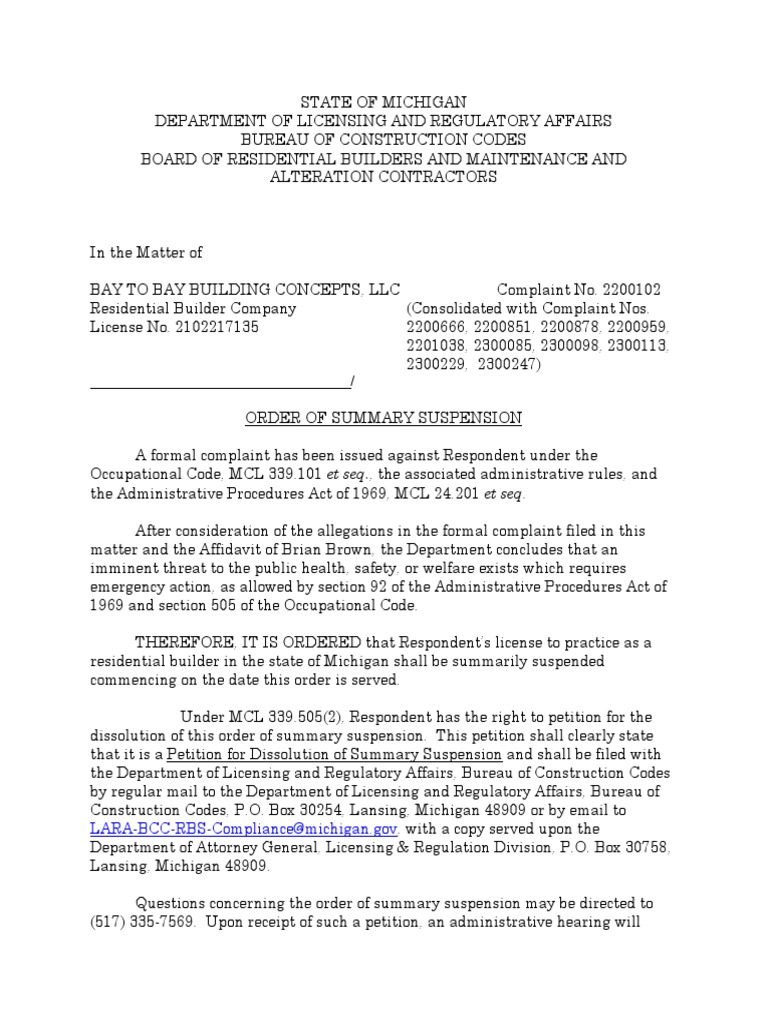 Summary Suspension of Bay to Bay Builders | PDF | Affidavit | Complaint
