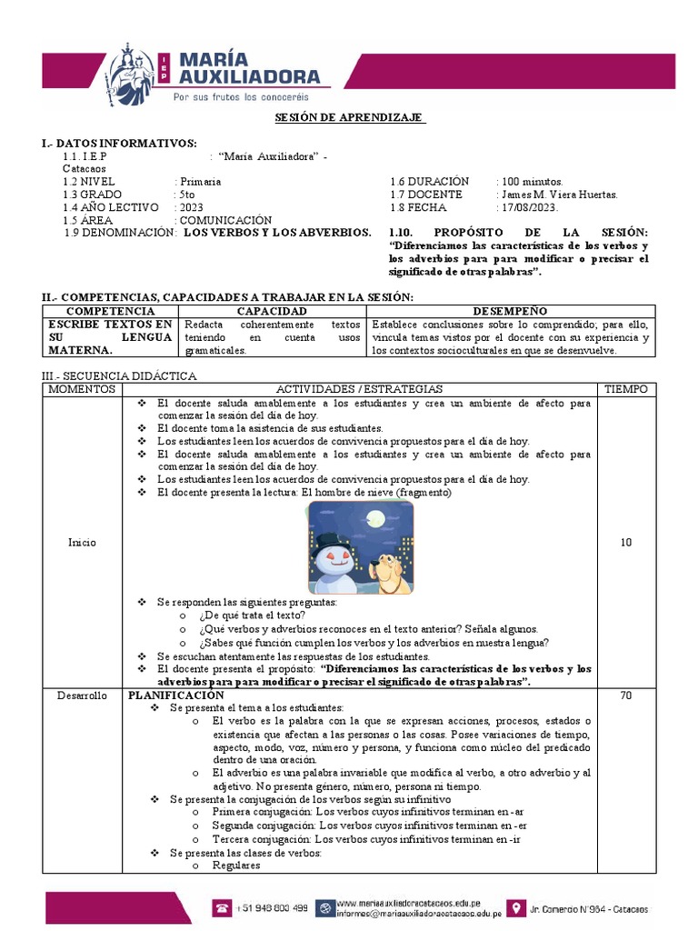 Verbos y Adverbios en Primaria 5to | PDF | Artes del Lenguaje y ...