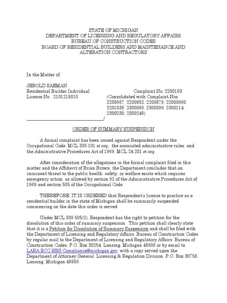 Jerold Saeman Order of Summary Suspension and Complaint Packet | PDF