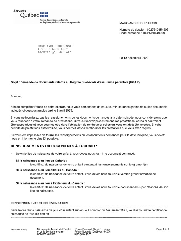 Demande de certificat de naissance RQAP | PDF | Certificat de naissance ...