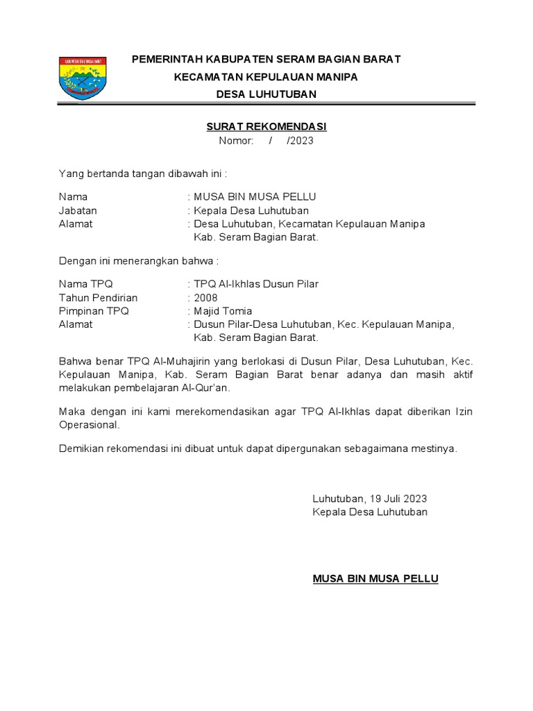 Surat Keterangan Domisili TPQ | PDF