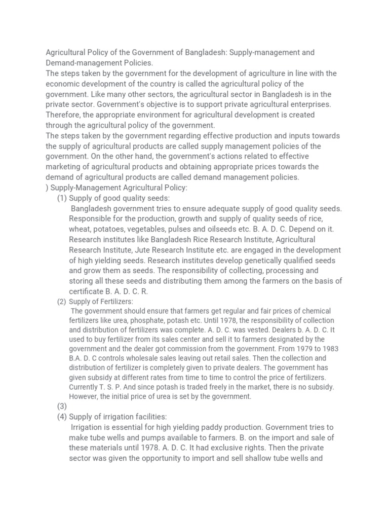 Agricultural Policy of The Government of Bangladesh | PDF