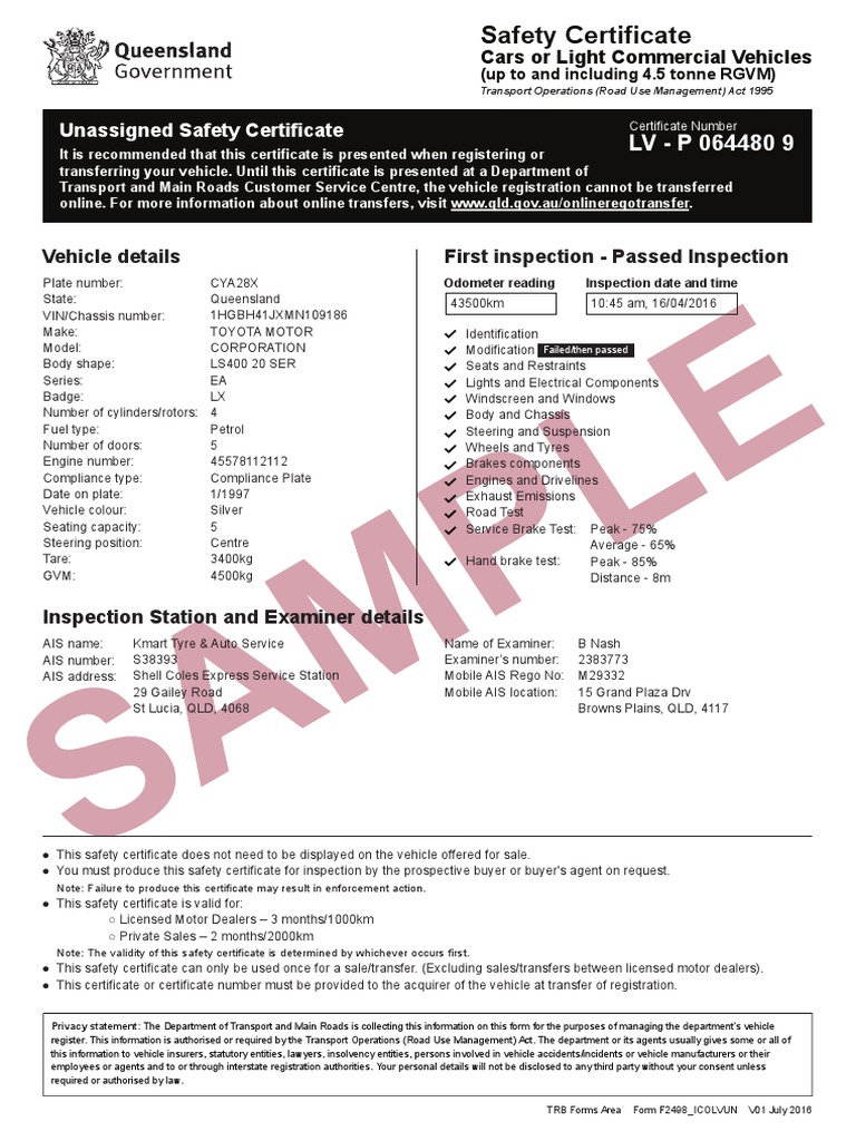 Vehicle Safety Certificate Report | PDF | Vehicles | Car