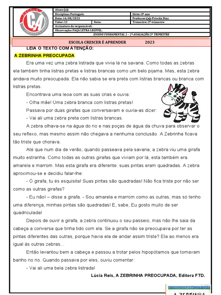 Prova de Português 3º Ano 2º Trimestre 2 Etapa 2023 | PDF