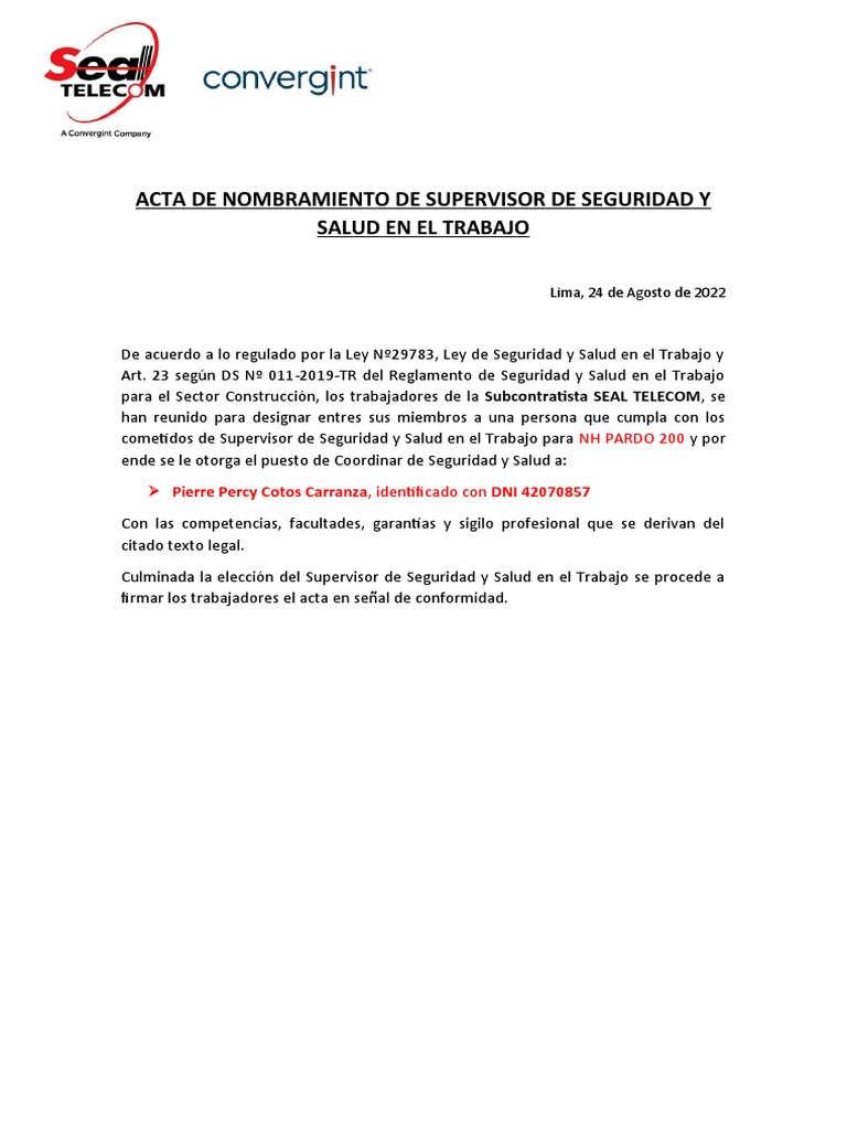 Acta de Nombramiento de Supervisor de Seguridad y Salud en El Trabajo | PDF