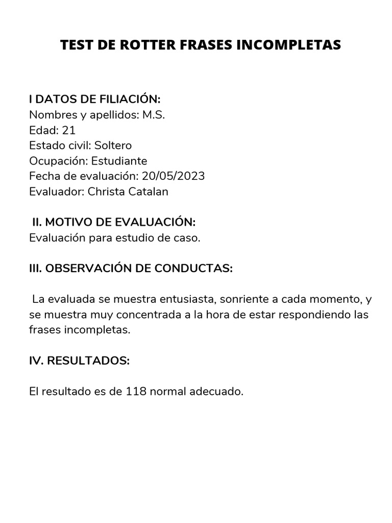 Evaluación de Caso: Test de Rotter | PDF | Crecimiento personal y ...