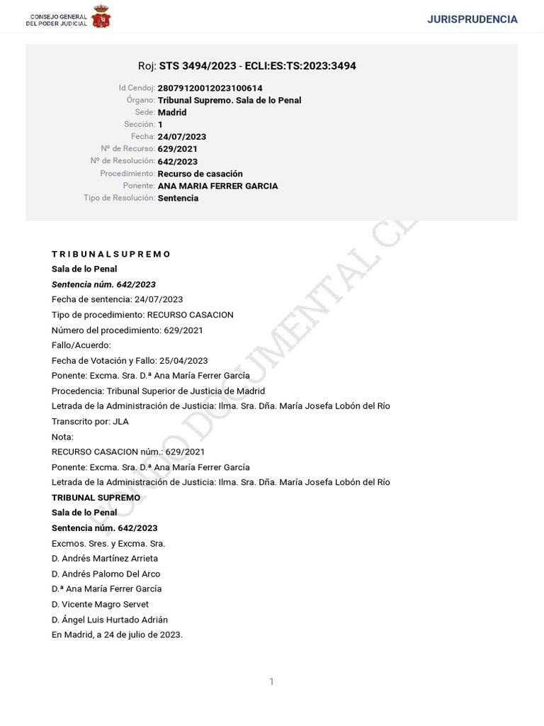 STS 3494 2023 | PDF | Sentencia (ley) | Caso de ley