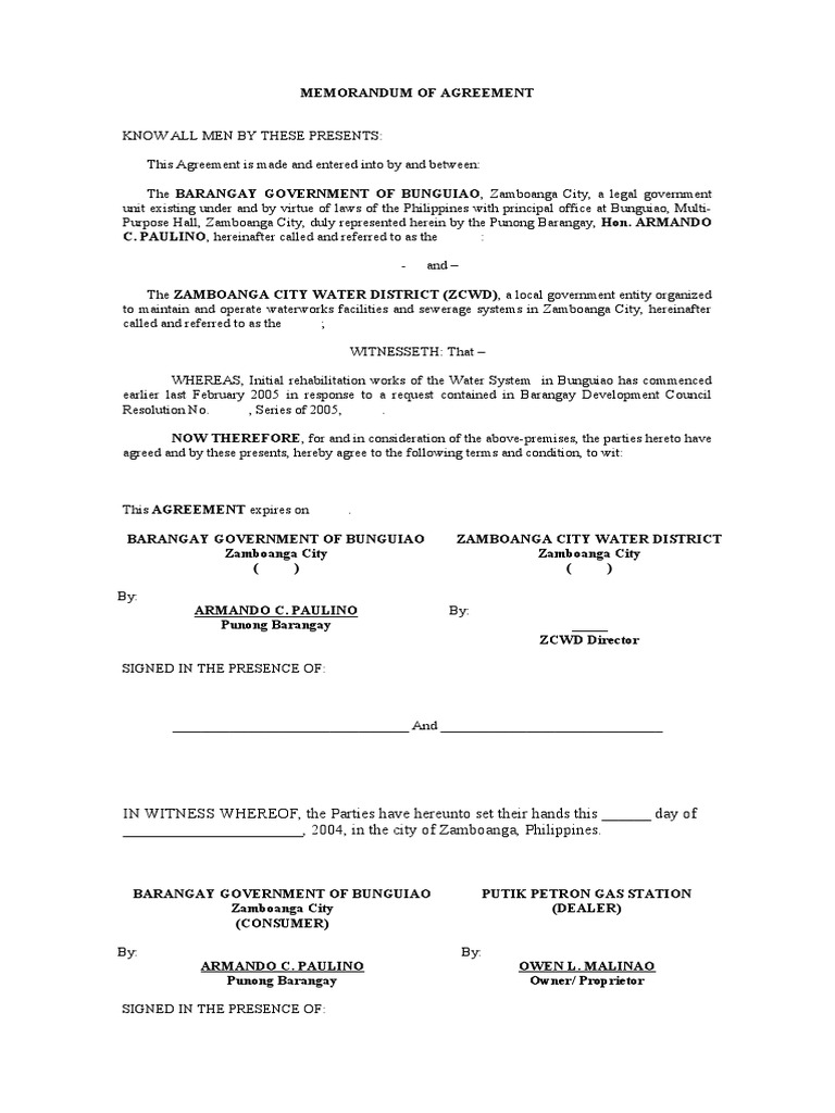 Memorandum of Agreement (ZCWD) | PDF | Common Law | Civil Law (Common Law)
