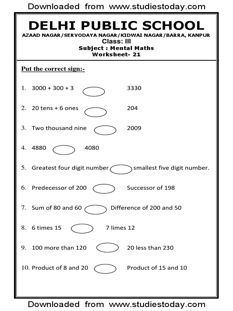 CBSE Class 3 Mathematics - Practice Worksheets 22-Mental Maths | PDF
