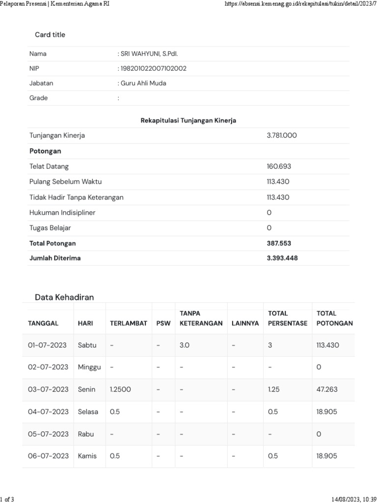 JULI - Tukin - Pelaporan Presensi Kementerian Agama RI | PDF