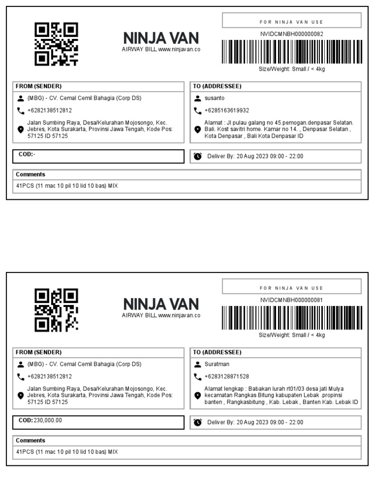 Label Pengiriman Ninja Van | PDF